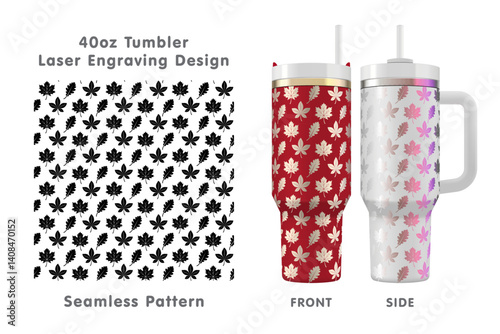 Autumn leaves tileable pattern. Seamless laser engraving design for 40oz tumbler. Full tumbler wrap. Vector illustration.