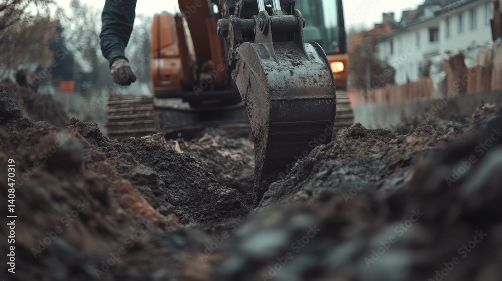 Fototapeta premium Excavator operator digging a trench for utility lines. Featuring precision and control