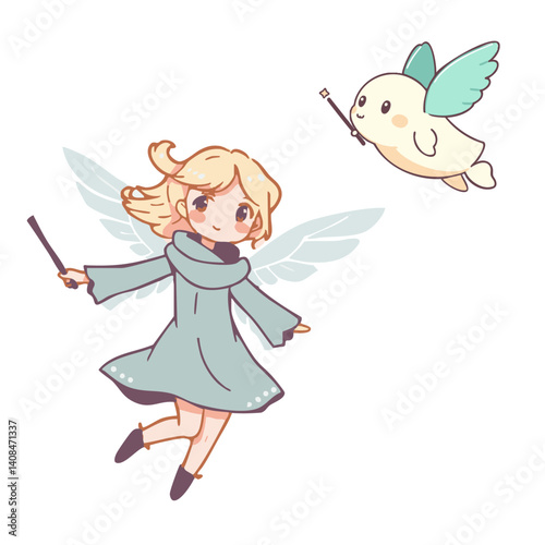 Little girl ferry flying with wings holding a wand