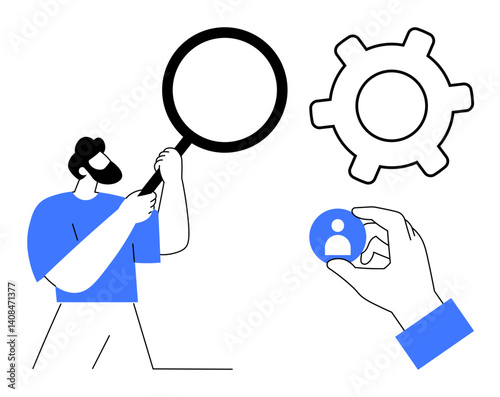 Man studies large gear with magnifying glass, hand holds user profile card. Ideal for analysis, recruitment, settings, user experience, research, management troubleshooting. Flat simple metaphor