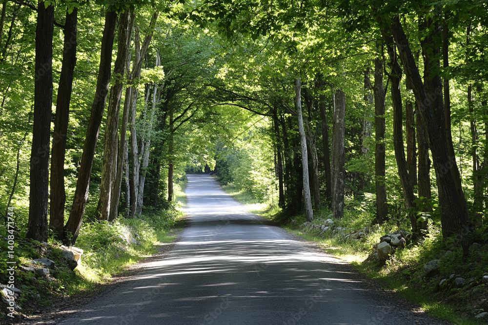 Fototapeta premium A winding road through a dense forest, illuminated by sunbeams filtering through lush foliage, creating a serene and enchanting atmosphere.