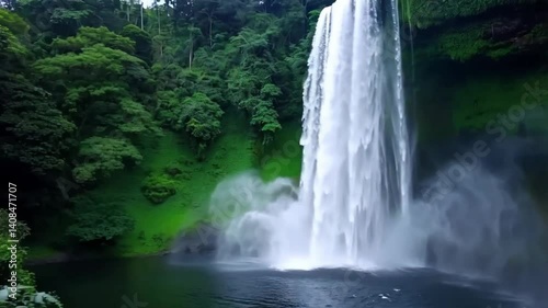 Stunning waterfall hidden deep in a lush green forest, mist rising as water crashes below