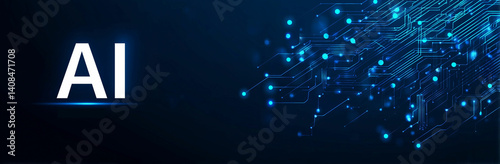 Abstract blue digital background with glowing AI letters and circuit board patterns