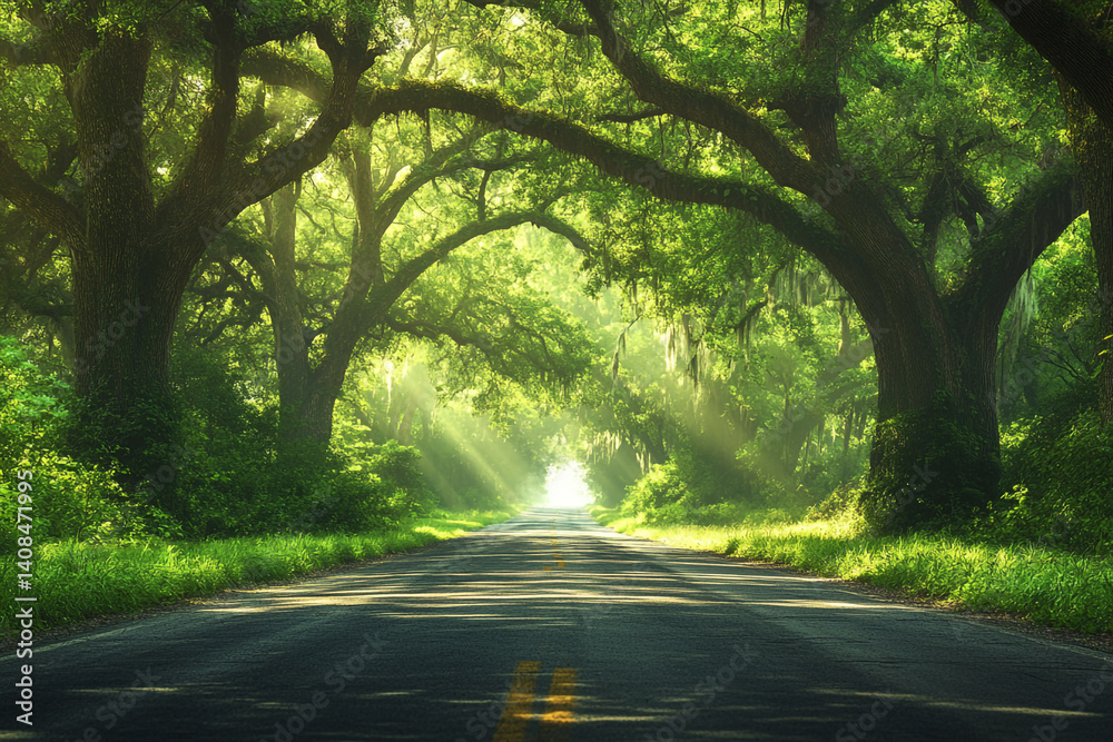 Fototapeta premium A winding road through a dense forest, illuminated by sunbeams filtering through lush foliage, creating a serene and enchanting atmosphere.