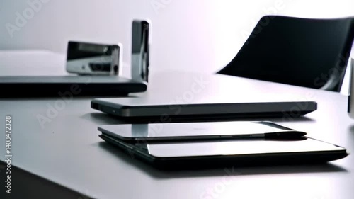 Minimalist clean desk setup with modern gadgets, soft lighting, and a focus on productivity