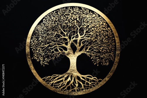 A beautiful circle-shaped illustration of the tree of life, depicting intricate roots and branches in a striking gold hue, symbolizing growth and interconnectedness in a spiritual or natural context