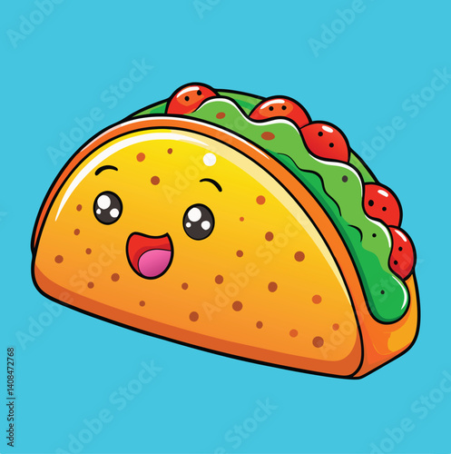 Cute Cartoon Taco Illustration With Smiling Face And Colorful Fillings On Blue Background