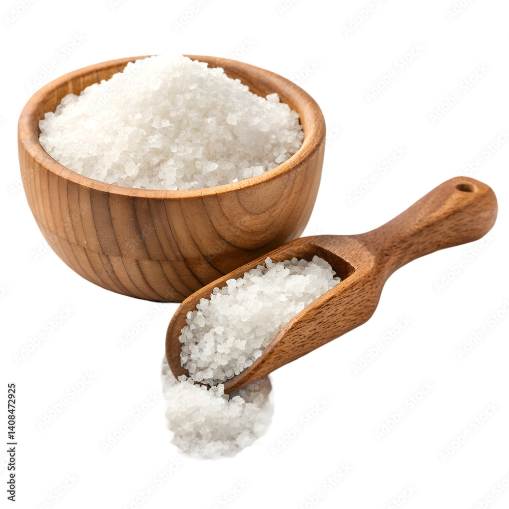 Sea Salt: Wooden Bowl & Scoop isolated on transparent background Sea Salt: Wooden Bowl & Scoop isolated on transparent background
