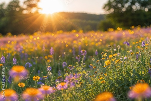 Radiant Sunlight Shining on a Colorful Wildflower Meadow in Nature's Breathtaking Landscape