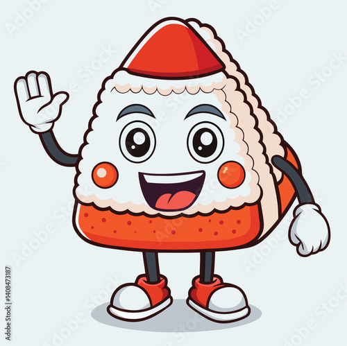 Cheerful Onigiri Cartoon Character Waving Hand Isolated On White Background