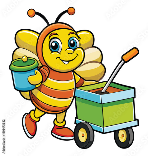 Smiling Bee Cartoon Character With Honey Bucket And Pulling Wagon