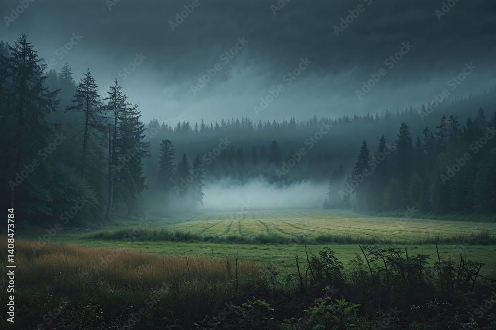 Fototapeta premium Enigmatic Dark Forest Landscape with Misty Prairie and Expansive Field