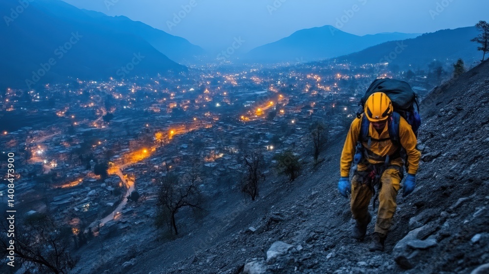 Obraz premium Hiker with Backpack Ascending a Rocky Path at Dusk Overlooking a Glowing Cityscape in the Valle