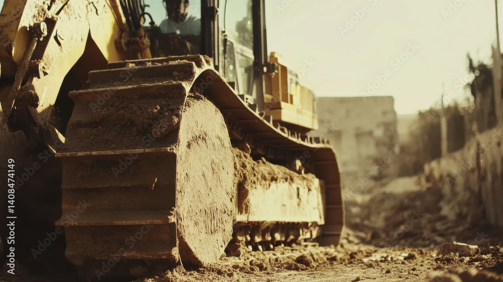 Fototapeta premium Heavy machinery operator using a bulldozer to clear a site. Featuring control and strength