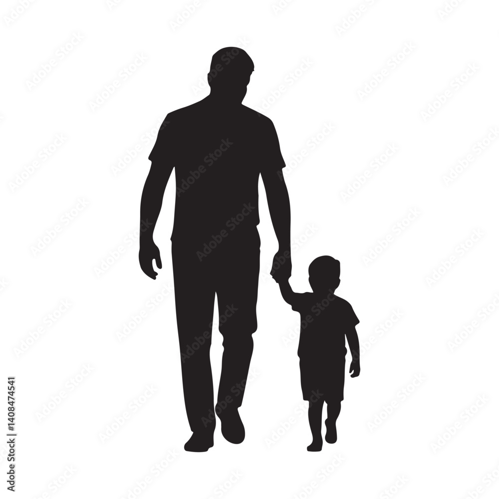 Father's Day Silhouette Vector Dad Walking with Child Hand-in-Hand Father's Day Silhouette Vector Dad Walking with Child Hand-in-Hand
