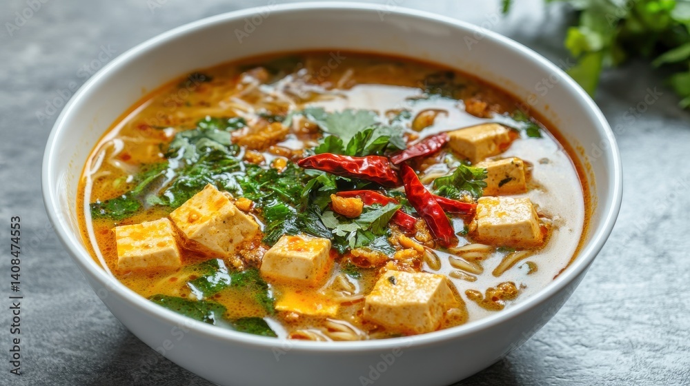 Asian Ramen Soup with Chili Flakes and Tofu Cubes Asian Ramen Soup with Chili Flakes and Tofu Cubes