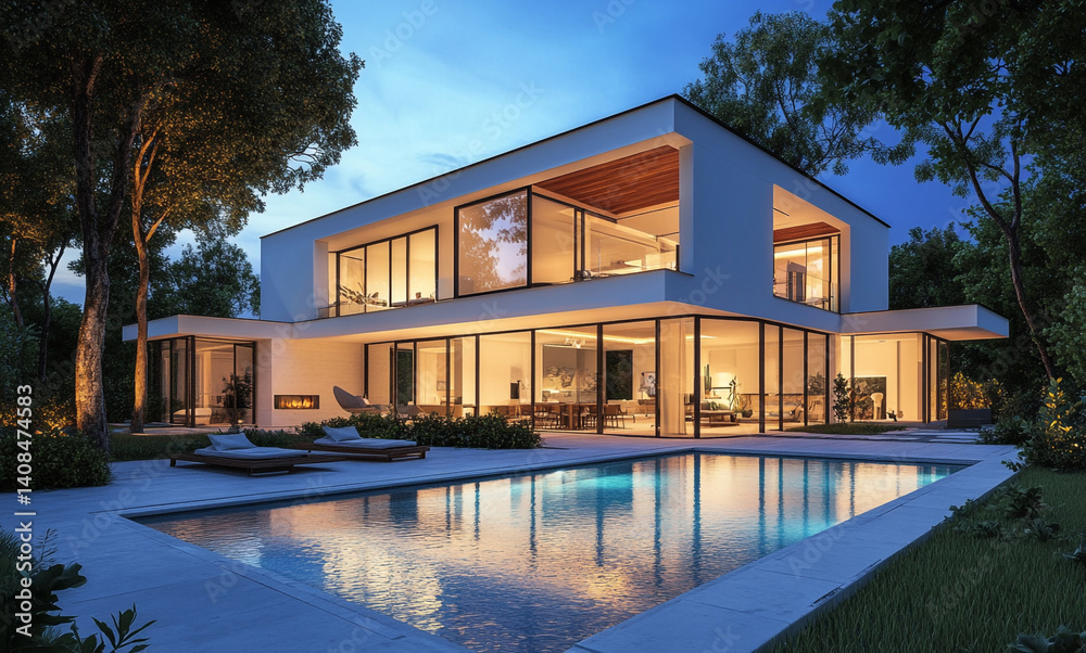 A modern, two-story house with large glass windows, illuminated at dusk, featuring a swimming pool, patio, and surrounding greenery. A modern, two-story house with large glass windows, illuminated at dusk, featuring a swimming pool, patio, and surrounding greenery.