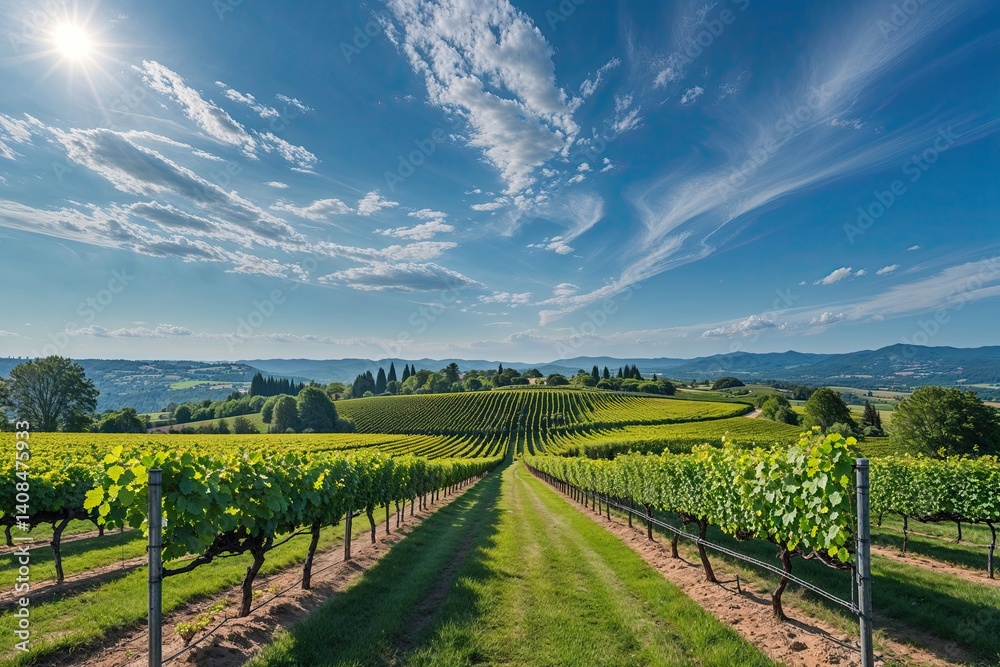 Fototapeta premium Vibrant Vineyard Landscape in Sunny Blue Sky Perfect for Wine Lovers