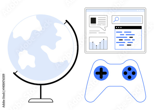 Globe, gaming controller, analytics dashboard with chat and graph. Ideal for technology, education, gaming, communication, global connectivity, data science simple landing page