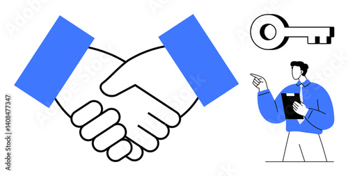 Professional handshake with a large key symbol and a person taking notes. Ideal for teamwork, partnership, success, goal achievement, leadership, unlocking ideas, and agreements. Flat simple metaphor