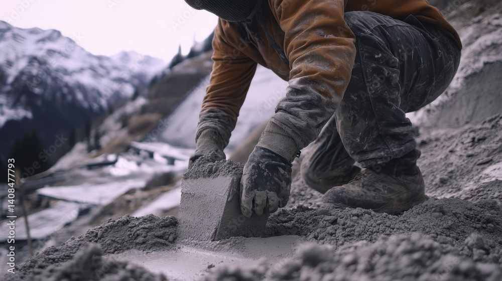 Laborer mixing mortar at a construction site. Featuring precision and coordination Laborer mixing mortar at a construction site. Featuring precision and coordination