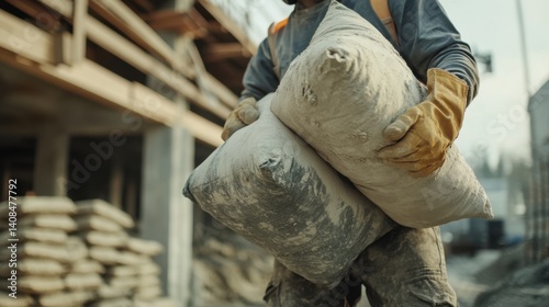 Laborer moving cement bags at a construction site. Featuring strength and efficiency
