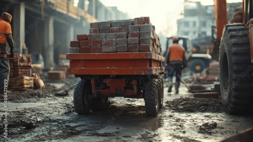 Obraz premium Laborer loading bricks onto a construction site trolley. Featuring teamwork and strength