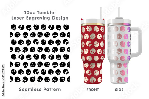 Funny skulls tileable pattern. Seamless laser engraving design for 40oz tumbler. Full tumbler wrap. Vector illustration.