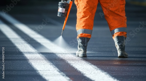 Road marking specialist painting fresh lane lines on asphalt. Featuring precision and visibility
