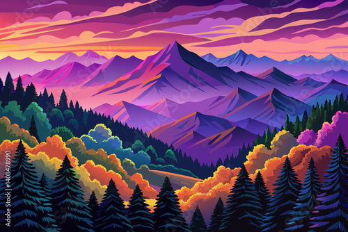 Great Smoky Mountains National Park at sunset time along the North Carolina with beautiful sky cartoon design Flat style illustration vector