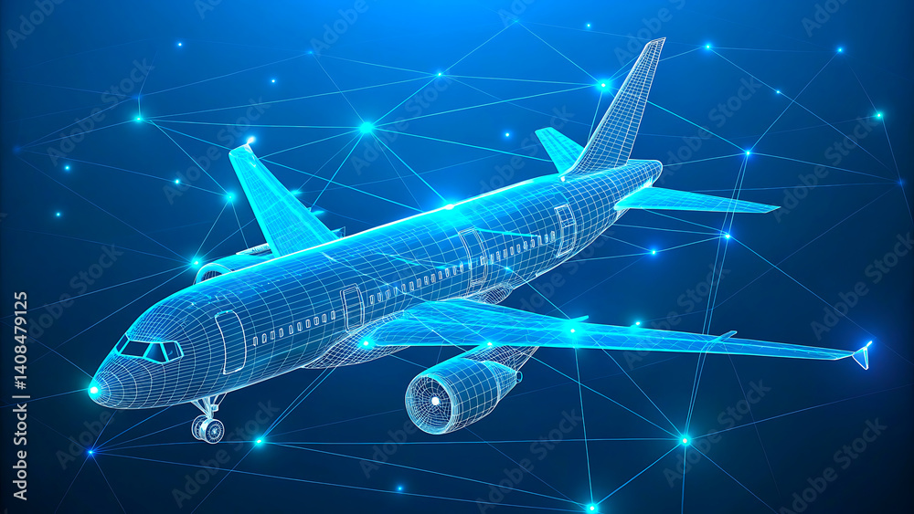 Fototapeta premium Airplane wireframe network connection technology concept