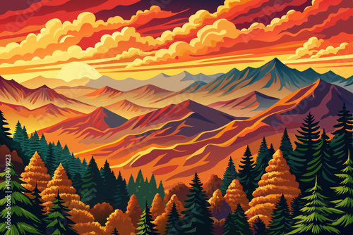 Great Smoky Mountains National Park at sunset time along the North Carolina with beautiful sky cartoon design Flat style illustration vector