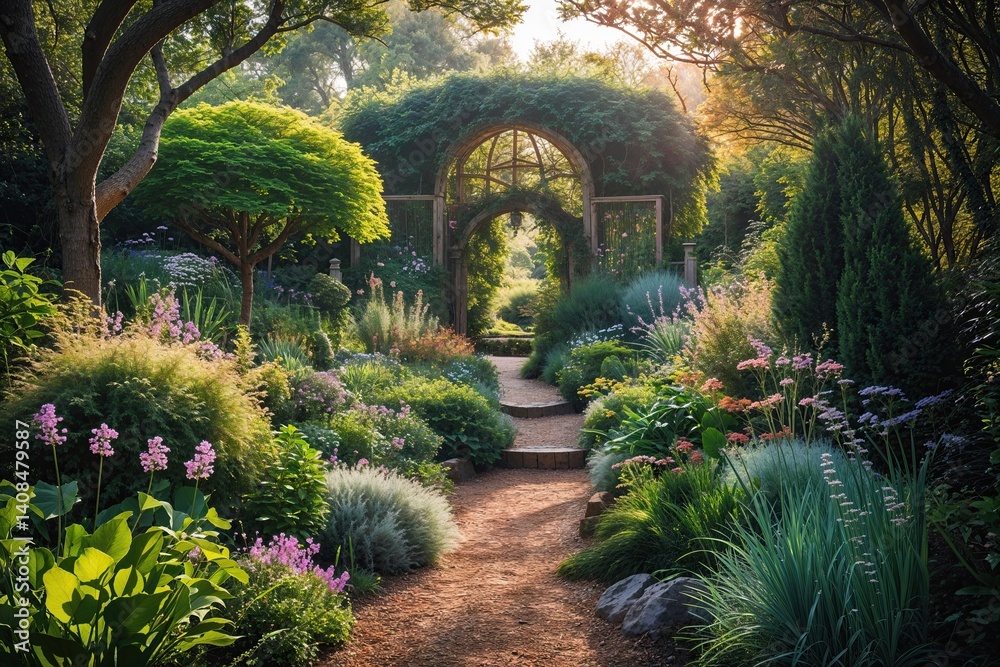 Fototapeta premium Magical Garden Landscape with Lush Flora and Scenic Woodland Trail in Bright Sunlight