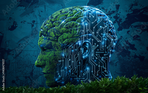 A human head made of green moss and blue circuit board