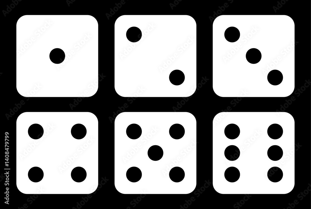 Set of six sides of a die icon in white color with black dots. Die icon set with all six faces in white and black color isolated on a black background