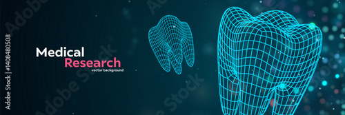 Futuristic Wireframe Tooth On Digital Tech Background, Perfect For Dental, Medical, And 3D Design Concepts. Clean And Modern Look. Vector Illustration.