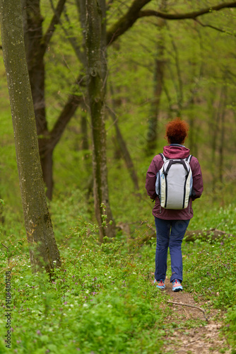 Obraz na płótnie Woman hiking alone in forest w salonie