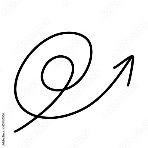 Hand-drawn spiral arrow icon pointing to the right, featuring a dynamic, circular motion. Perfect for illustrating concepts like progression, cycles, or forward movement.