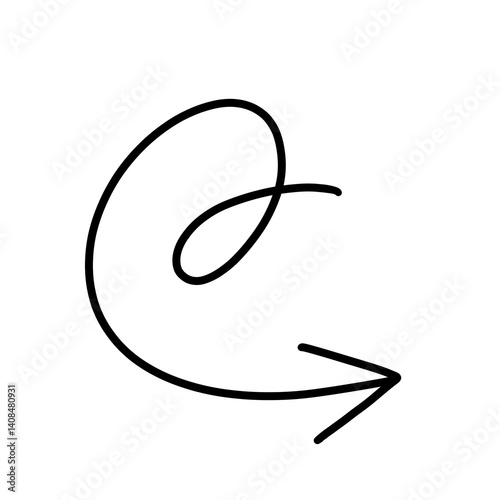 Hand-drawn looping arrow design element with a fluid, circular motion. Ideal for emphasizing cycles, repetition, or flow in creative layouts and infographic designs.