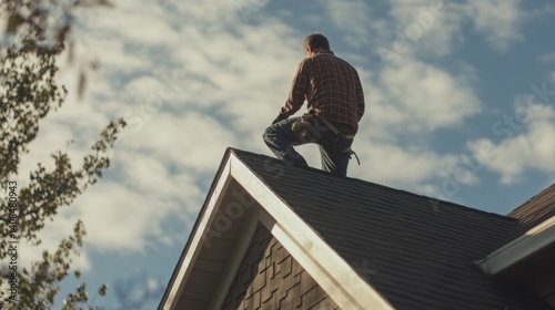 Wallpaper Mural Roofing worker inspecting the roof structure on a residential home. Featuring safety and inspection Torontodigital.ca