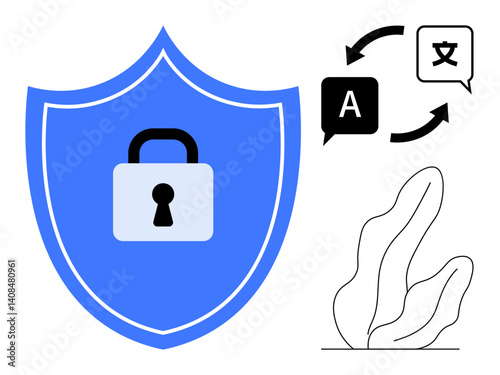 Blue shield with lock symbol for data protection, language exchange icons showing translation process, decorative plant element. Ideal for cybersecurity, data privacy, translation services, global
