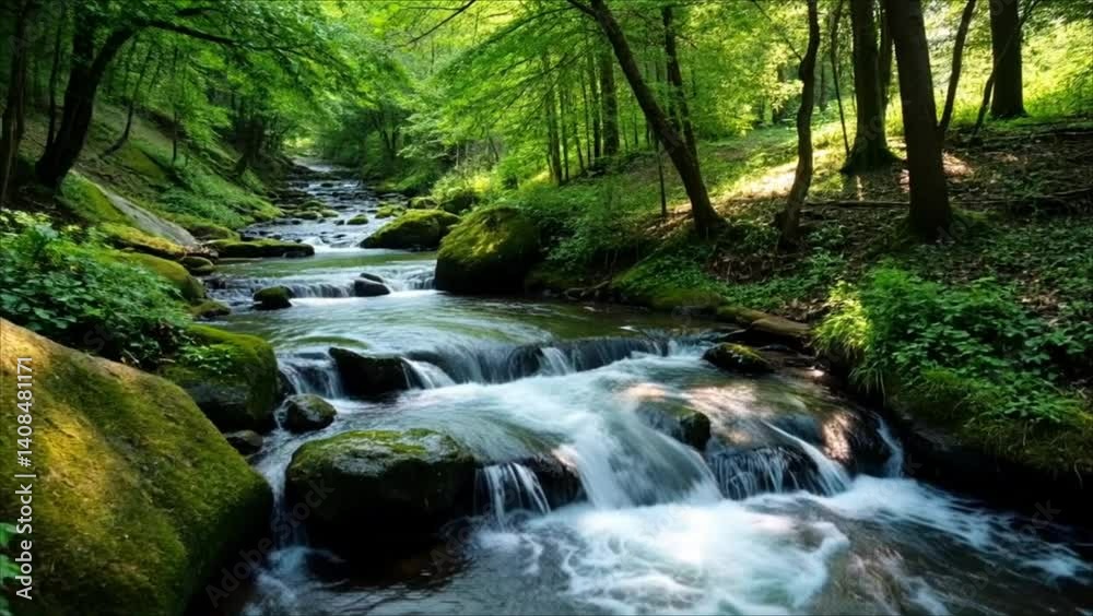 Serene flowing river surrounded by lush green forest Serene flowing river surrounded by lush green forest