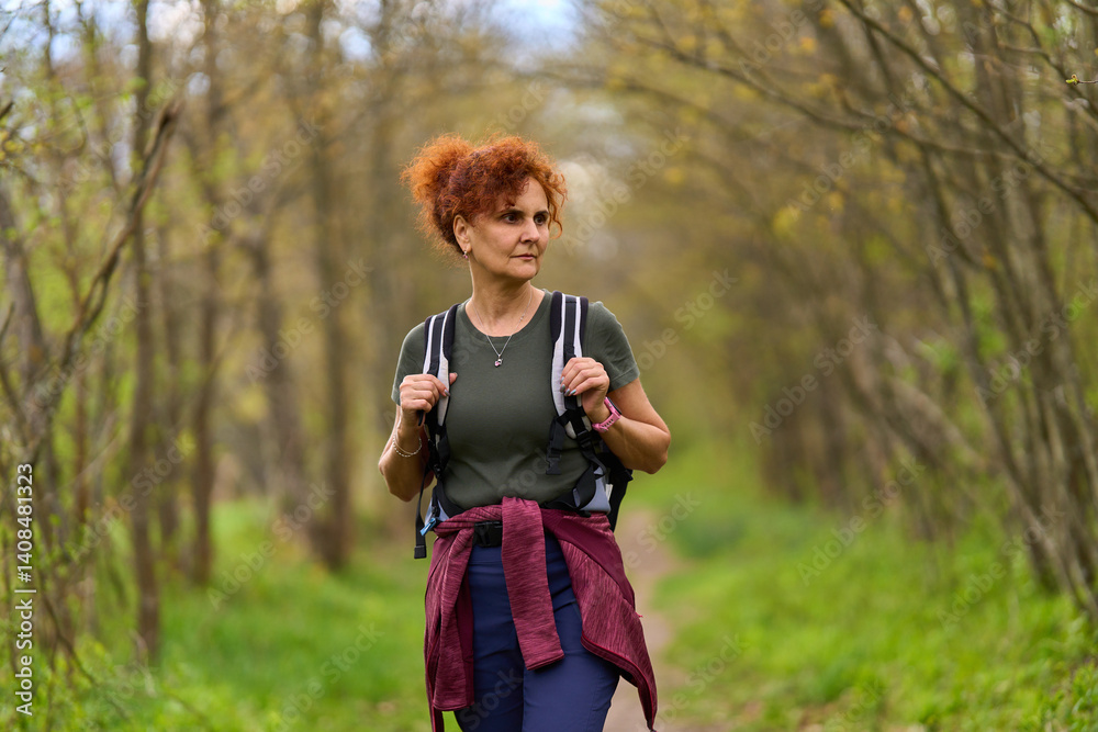Woman hiking in spring forest