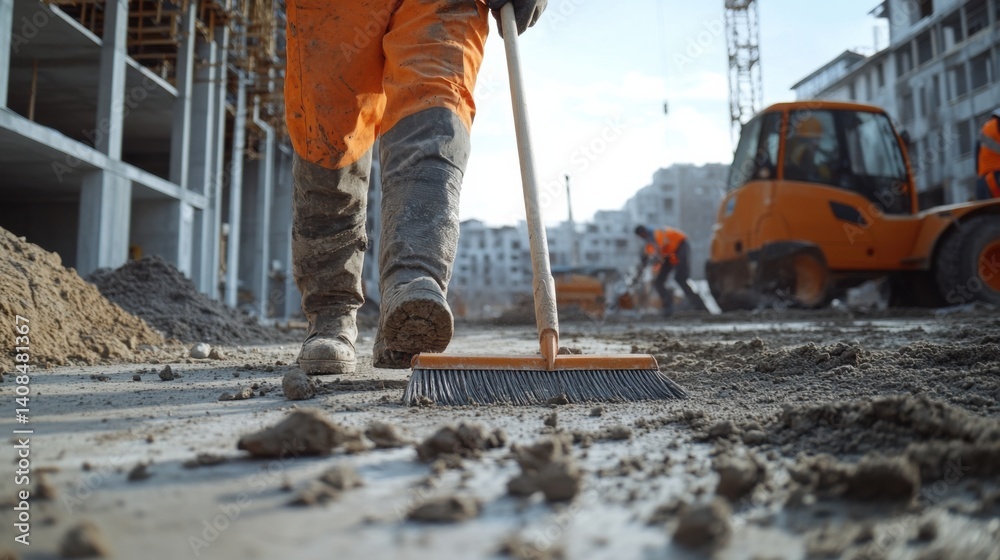 Laborer sweeping the construction site to keep it clean. Featuring teamwork and efficiency Laborer sweeping the construction site to keep it clean. Featuring teamwork and efficiency