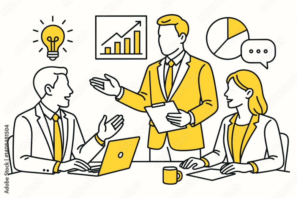 Business meeting. Modern flat line art illustration. Trendy outline vector graphic elements. Creative concept. Black and yellow colors isolated on white background Business meeting. Modern flat line art illustration. Trendy outline vector graphic elements. Creative concept. Black and yellow colors isolated on white background