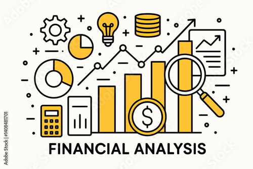 Financial analysis. Modern flat line art illustration. Trendy outline vector graphic elements. Creative concept. Black and yellow colors isolated on white background