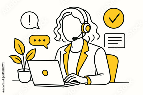 Customer service. Modern flat line art illustration. Trendy outline vector graphic elements. Creative concept. Black and yellow colors isolated on white background
