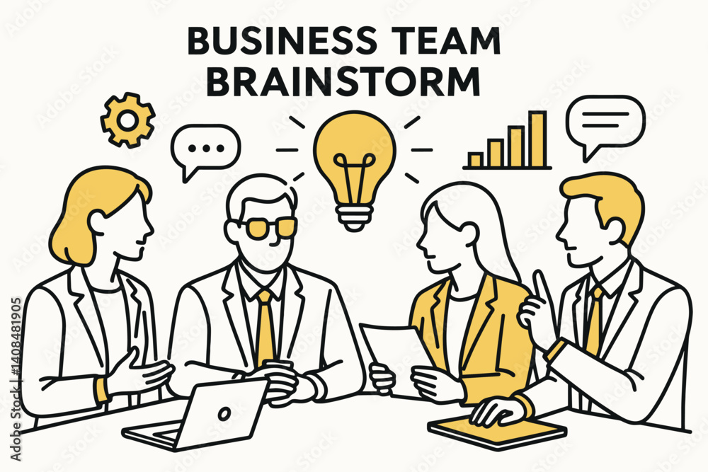 Business team brainstorm. Modern flat line art illustration. Trendy outline vector graphic elements. Creative concept. Black and yellow colors isolated on white background