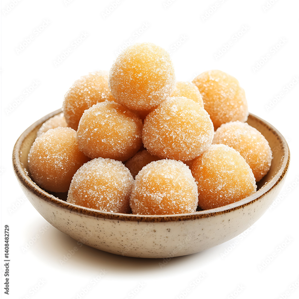 Bowl filled with golden brown sugar coated spheres, delightful sweet snack ready to be enjoyed, presented on a white background. Bowl filled with golden brown sugar coated spheres, delightful sweet snack ready to be enjoyed, presented on a white background.