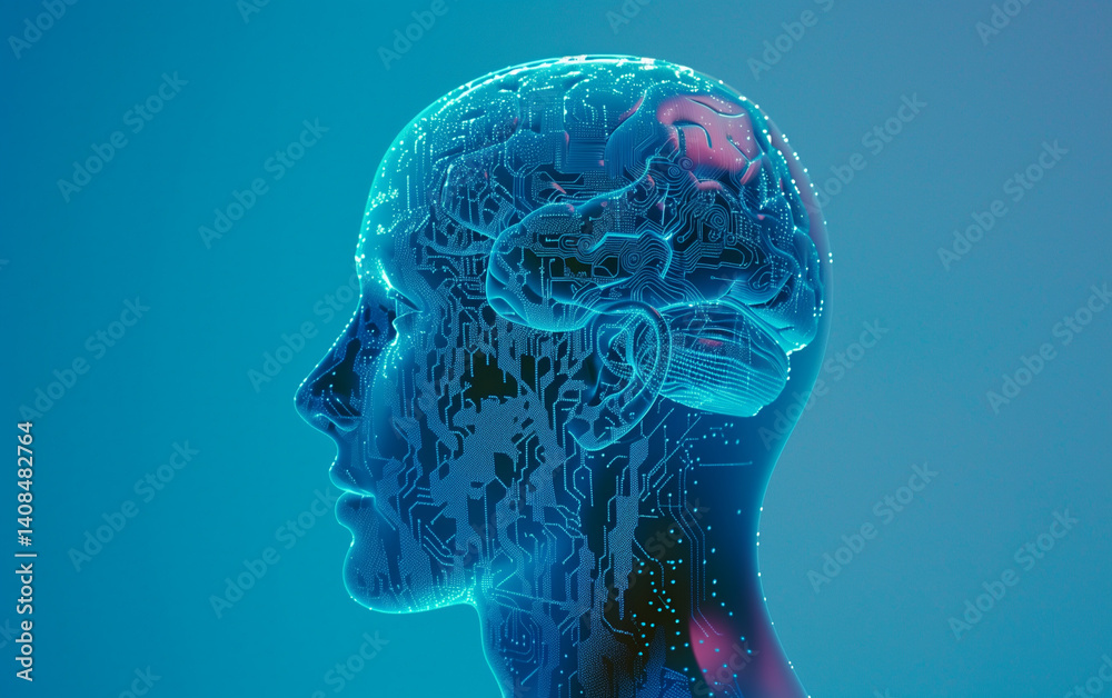 Obraz premium Digital human head with a brain and circuits, against a blue background